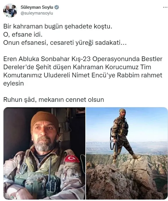 İçişleri Bakanı Süleyman Soylu: Korucu Tim Komutanı Nimet Encu şehit oldu | Başkan Erdoğan’dan taziye