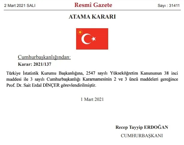 TÜİK’in yeni başkanı Sait Erdal Dinçer oldu