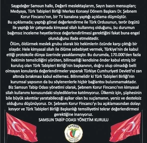 28 Tabip Odası’ndan Türk Tabipleri Birliği Başkanı Şebnem Korur Fincancı’nın kimyasal silah iftirasına sert tepki: Derhal istifa et