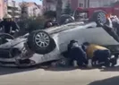 Kontrolden çıkan otomobil refüje çarpıp ters döndü