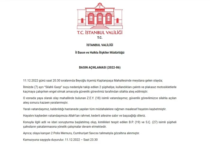 İstanbul Valiliği'nden Beyoğlu'nda 1 kişinin vefat ettiği olaya dair açıklama - 1