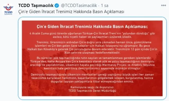 TCDD Taşımacılık AŞ’den Çin’e giden ihracat treni hakkında açıklama