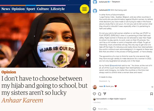 Bella Hadid’den başörtüsü yasağına sert tepki: Kadınlara ne giyeceklerini söylemek sizin işiniz değil