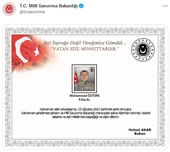 Başkan Erdoğan'dan şehit Piyade Er Muhammed Öztürk'ün ailesine başsağlığı mesajı - 1