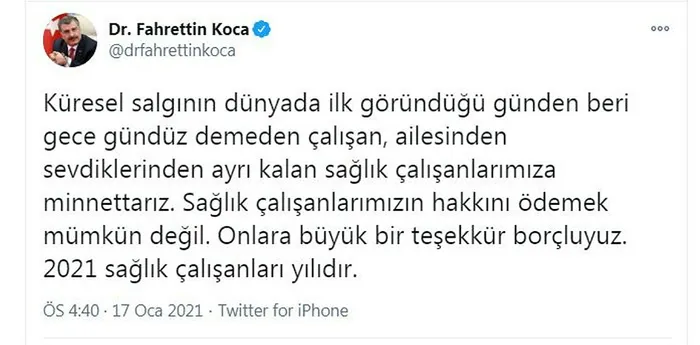 Sağlık Bakanı Fahrettin Koca’dan sağlık çalışanlarına teşekkür