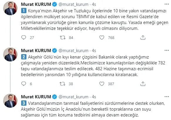 Bakan Murat Kurum’dan Akşehir Gölü kıyısındaki mülkiyet sorununu çözen düzenlemeyle ilgili açıklama