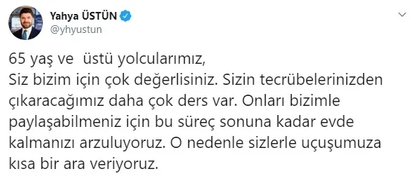 THY’den 65 yaş üstü yolcularla ilgili açıklama