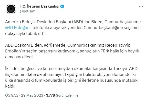 ABD Başkanı Joe Biden’dan Başkan Recep Tayyip Erdoğan’a seçim tebriği
