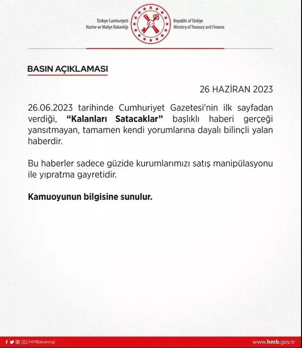 Hazine ve Maliye Bakanlığı'ndan Cumhuriyet gazetesinin çirkin iftiralarına yalanlama - 3