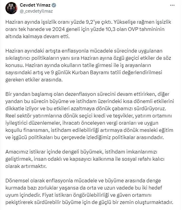 Cumhurbaşkanı Yardımcısı Cevdet Yılmaz’dan işsizlik oranı açıklaması