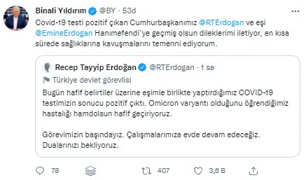 Başkan Recep Tayyip Erdoğan’ın koronavirüs testi pozitif çıktı