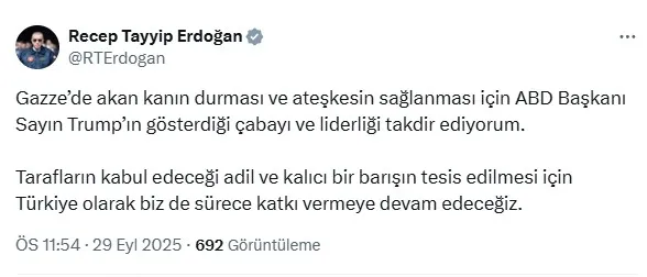 Başkan’dan Gazze planına ilişkin açıklama: Türkiye olarak bizde katkı vermeye devam edeceğiz