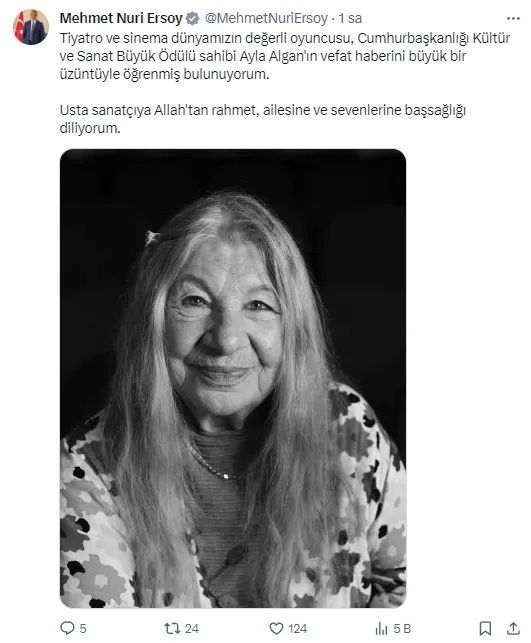 Tiyatro sanatçısı Ayla Algan’a taziye mesajı! Başkan Erdoğan: Hanımefendi’nin vefat haberini üzüntüyle öğrendim