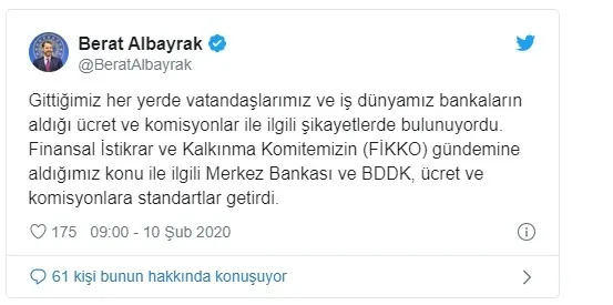 Hazine ve Maliye Bakanı Albayrak’tan önemli ücret ve komisyon açıklaması