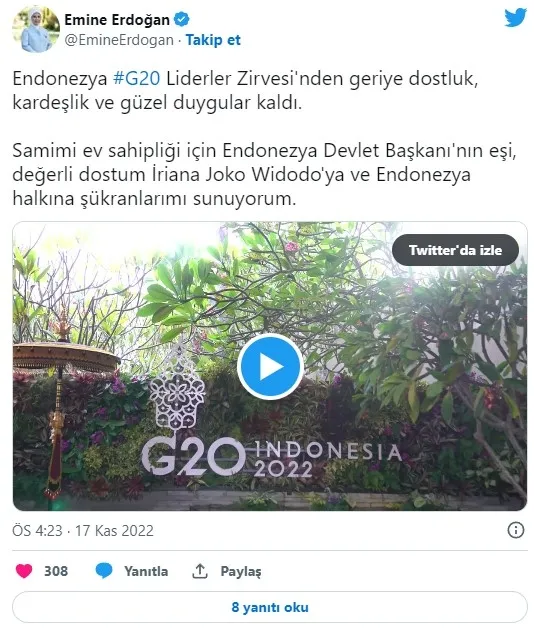 Emine Erdoğan’dan Endonezya G20 Liderler Zirvesi teşekkürü!