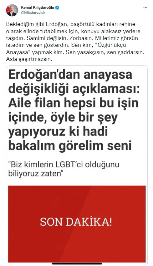 Türkiye’de başörtüsü sorunu olduğu iddialarını sürdüren Kemal Kılıçdaroğlu Başkan Erdoğan’a hakaretler yağdırdı! LGBT’ye arka çıktı