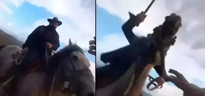 Kovboy şapkalı magandalar! Atların fotoğraflarını çeken aileye dehşeti yaşattılar