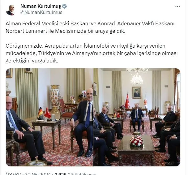 TBMM Başkanı Kurtulmuş’tan diplomasi trafiği! Eski Almanya Federal Meclisi Başkanı Lammert’i kabul etti