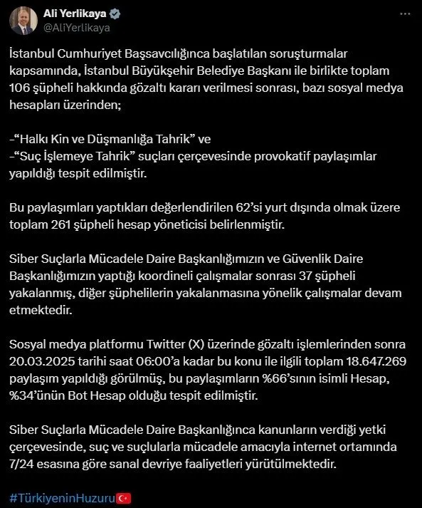 Bakan Yerlikaya'nın X paylaşımı