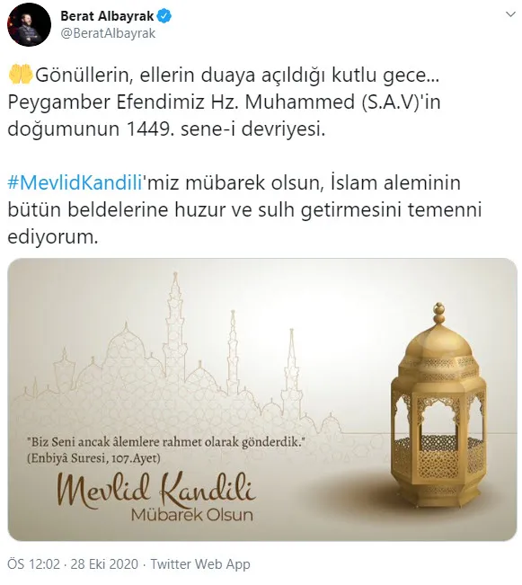 Son dakika: Hazine ve Maliye Bakanı Berat Albayrak'tan Mevlid Kandili mesajı - 1