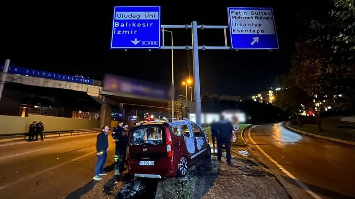 Bursa'da araç direğe çarptı! Alev aldı