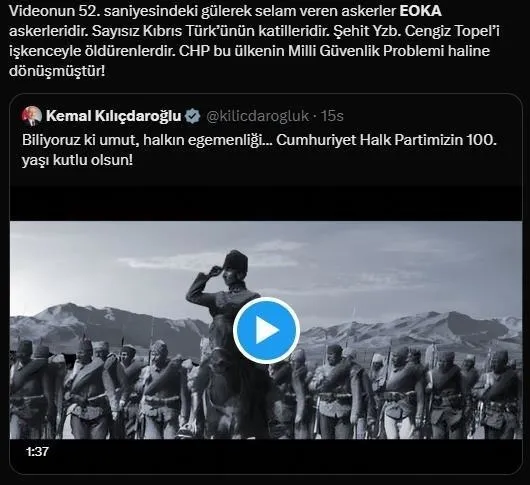 Kemal Kılıçdaroğlu’nun paylaştığı CHP’nin 100. yıl videosunda EOKA’lı teröristler yer aldı