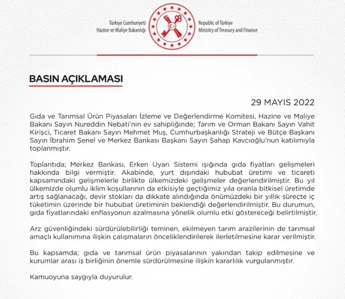 Gıda ve Tarımsal Ürün Piyasaları İzleme ve Değerlendirme Komitesi toplandı! Flaş hububat açıklaması