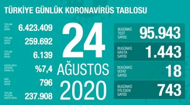 24 Ağustos korona tablosu: Türkiye'de corona virüsü vaka sayısı kaç oldu? Koronadan kaç kişi öldü? - 1
