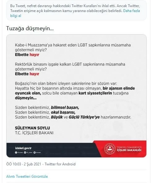 Twitter'dan Bakan Süleyman Soylu'ya Boğaziçi sansürü - 1