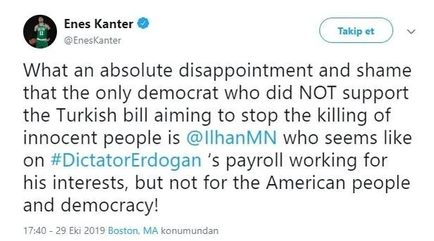 FETÖ’cü Enes Kanter’den ABD’nin skandal tasarıya çekimser oy veren Ilhan Omar’a alçak saldırı