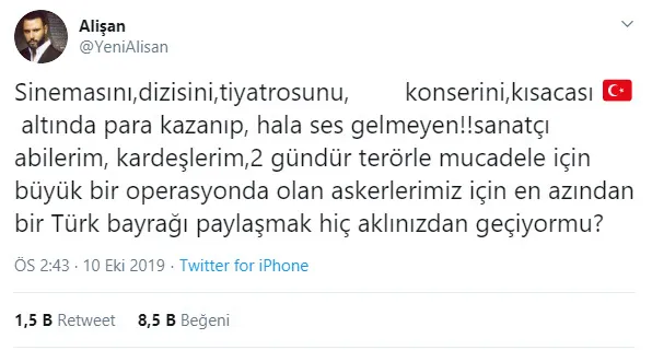 Alişan’dan Barış Pınarı Harekatı’na sessiz kalan ünlülere sert eleştiri - 1