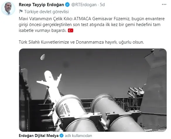 Başkan Erdoğan: Atmaca Gemisavar füzesi son test atışında ilk kez bir gemi hedefini tam isabetle vurdu - 1