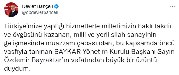 Son dakika: MHP Genel Başkanı Devlet Bahçeli’den Özdemir Bayraktar açıklaması