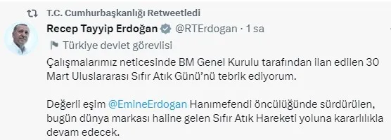 Başkan Recep Tayyip Erdoğan Uluslararası Sıfır Atık Gününü kutladı