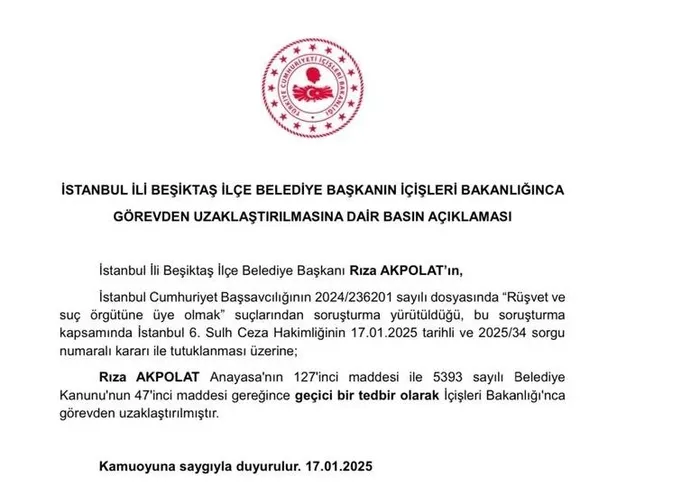 Tutuklanan Beşiktaş Belediye Başkanı Rıza Akpolat görevden uzaklaştırıldı! Yeni başkan kim olacak? Seçim tarihi belli oldu