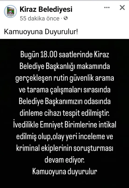 AK Partili Kiraz Belediye Başkanı Saliha Özçınar Kutlu’nun odasından dinleme cihazı çıktı
