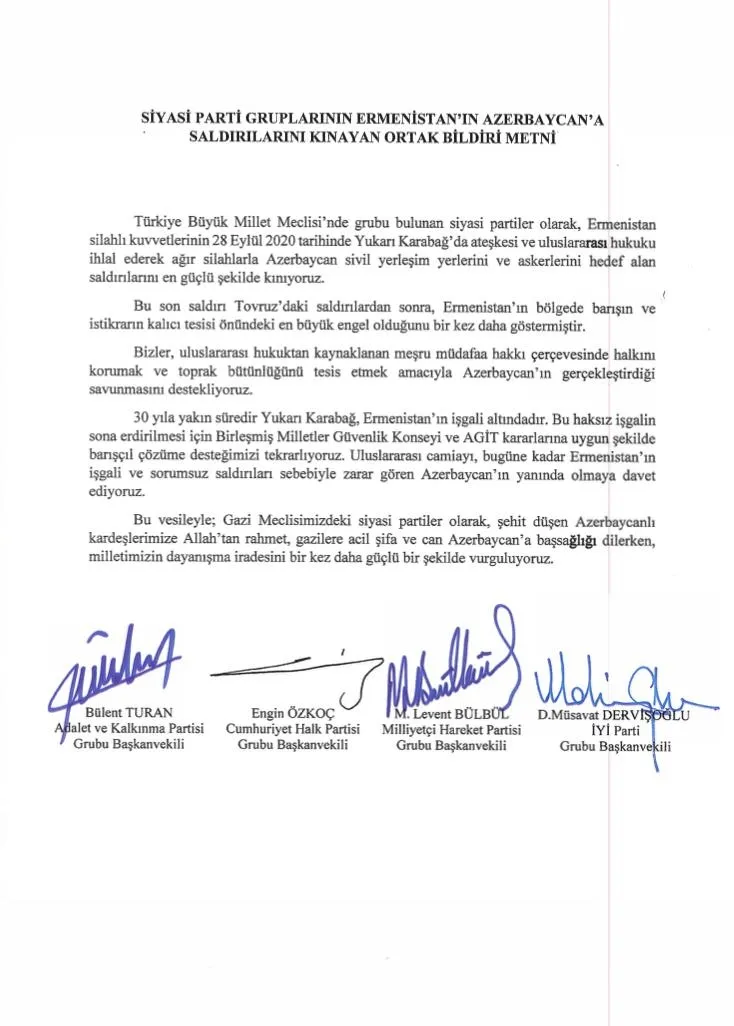 Son dakika: TBMM’de 4 partiden ortak bildiri: Ermenistan’ı kınıyoruz