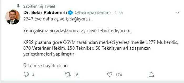 Son dakika: Bakan Pakdemirli duyurdu: Merkezi yerleştirmeyle 2347 kişi atandı