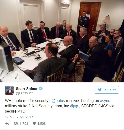 Beyaz Saray, Suriye saldırısı sırasında Trump'ın fotoğrafını yayınlandı - 1
