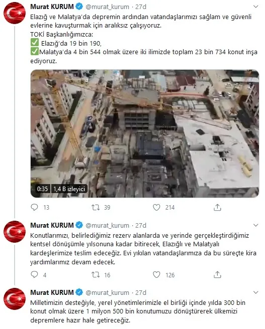 Bakan Murat Kurum’dan deprem açıklaması