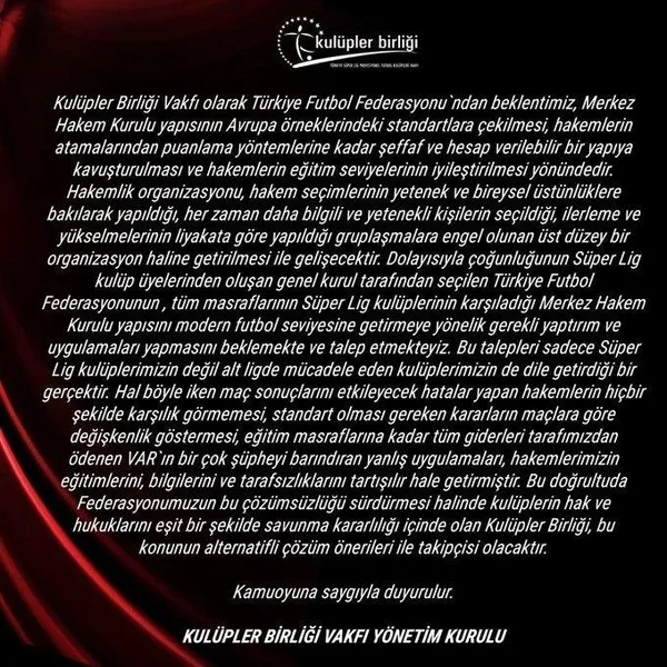 Kulüpler Birliği Vakfı’ndan son dakika MHK ve VAR açıklaması!