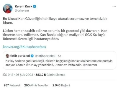 Fatih Portakal’dan Kızılay’a yönelik provokatif kan iftirası! Kızılay Genel Başkanı Kerem Kınık’tan tepki geldi