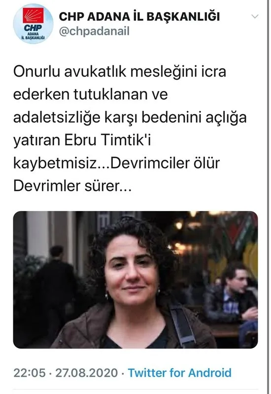 CHP Adana İl Başkanlığından skandal paylaşım! DHKP-C'li Ebru Timtik'e resmi hesaptan kutsama - 1