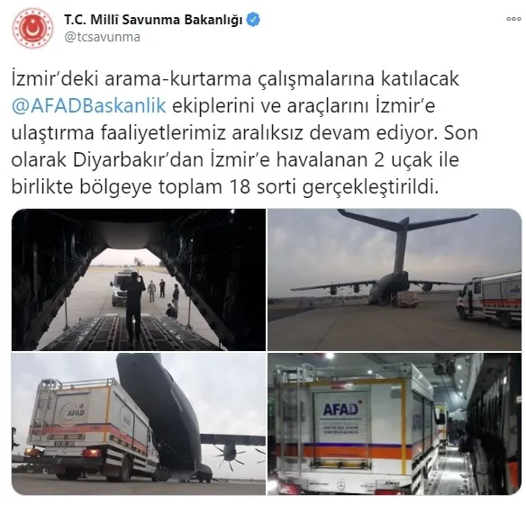 MSB tarafından İzmir depremi bölgesine 18 sorti gerçekleştirildi