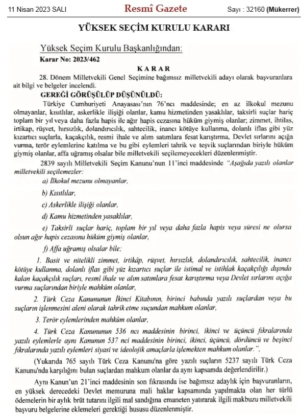 YSK kararı Resmi Gazete'de! İşte milletvekili seçilemeyecek isimler... - 4