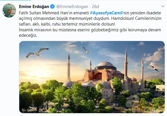 Başkan Erdoğan'ın Ayasofya'yı ibadete açan imzayı atmasının ardından sosyal medyada destek mesajları yaptı 7