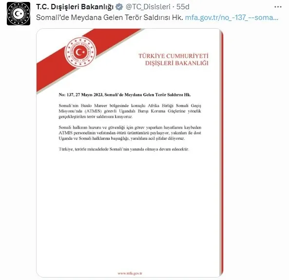 1685206418636.jpg Türkiye Somali'deki terör saldırısını kınadı! Dışişleri Bakanlığı'ndan açıklama yapıldı - 1