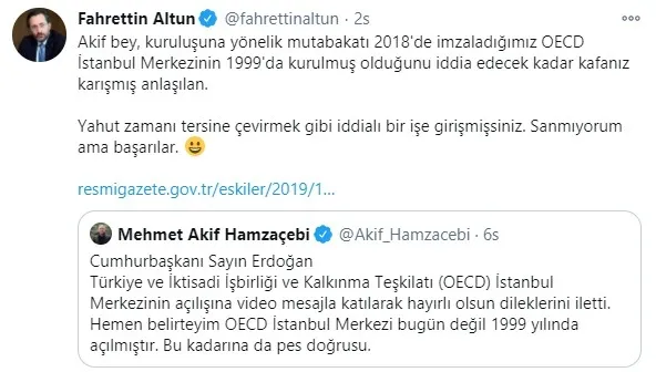 Fahrettin Altun’dan Mehmet Akif Hamzaçebi’nin OECD İstanbul Merkezinin 1999’da açıldığı iddiasına Resmi Gazeteyle yanıt