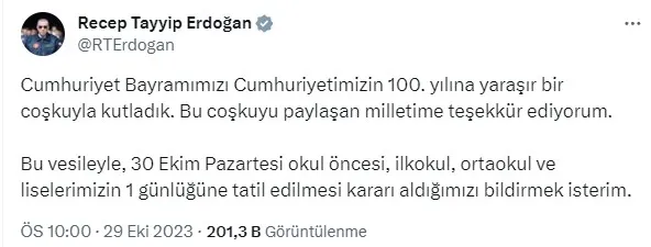 okullar-1-gunlugune-tatil-edildi-1698606439556.jpg Başkan Erdoğan Cumhuriyet kutlamaları sonrası duyurdu: Okullar 1 günlüğüne tatil edildi - 1