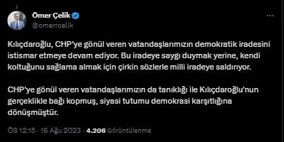 ak-partiden-chp-lideri-kemal-kilicdaroglunun-sozlerine-cok-sert-tepki-gerceklikle-bagi-kopmus-siyasi-gorusu-de-1692178366614.jpeg AK Parti'den CHP lideri Kemal Kılıçdaroğlu'nun sözlerine çok sert tepki: Gerçeklikle bağı kopmuş, siyasi görüşü demokrasi karşıtlığına dönüşmüştür - 3